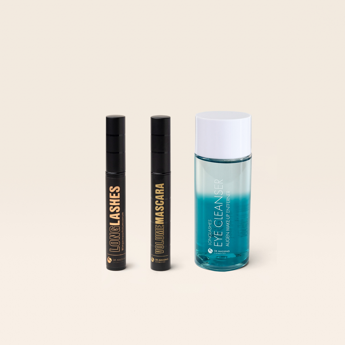 Dr. Massing Cosmetics Produktbild LongLashes Classic Wimpernserum, Volume Mascara und Long Lashes Eye Cleanser im Set