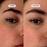 Vorher-/Nachher Vergleichsbild zeigt definierte und kräftigere Augenbrauen nach der Anwendung des Full Brow Augenbrauenserums