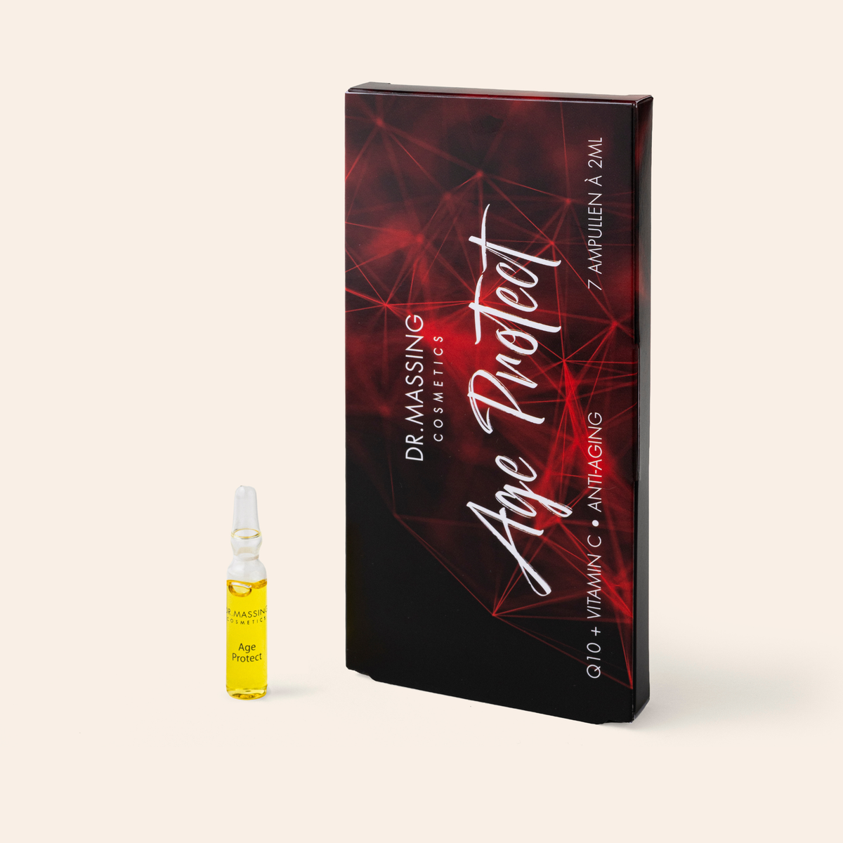 Dr. Massing Age Protect Gesichtsampulle Produktverpackung vor beigen Hintergrund