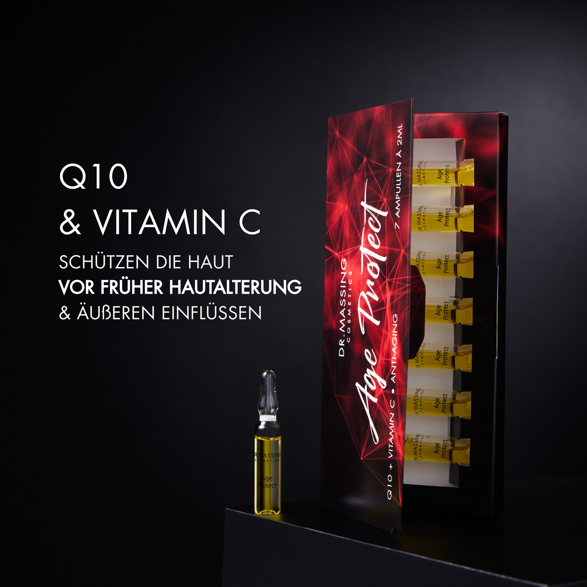 Wirkstoff Vorteile der Age Protect Ampulle wie "Q10 & Vitamin schützen die Haut vor früher Hautalterung & äußeren Einflüssen"