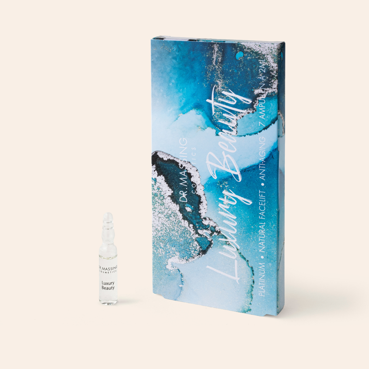 Dr. Massing Luxury Beauty Ampulle Produktverpackung vor beigen Hintergrund