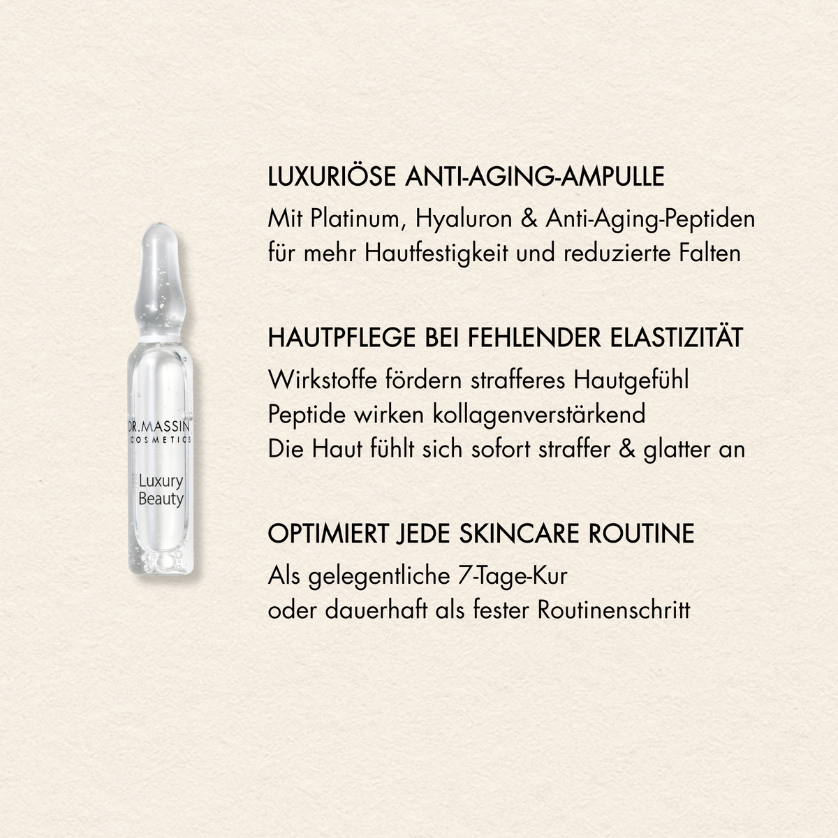 Vorteile Luxury Beauty Ampullen Box wie "Luxuriöse Anti-Aging-Ampulle", "Hautpflege bei fehlender Elastizität", "Optimiert jede Skincare Routine"