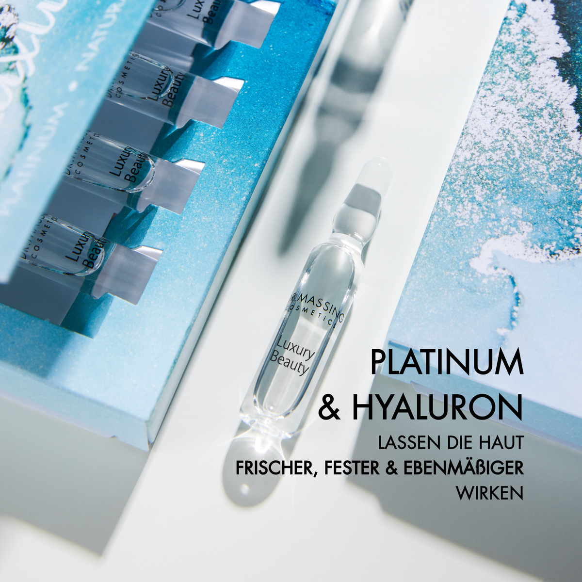 Wirkstoff Vorteile der Luxury Beauty Ampulle wie "Platinum & Hyaluron lassen sie Haut frischer, fester & ebenmäßiger wirken"