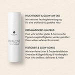 Übersicht der Vorteile der Dr. Massing Hyalove Tagescreme wie: "Feuchtigkeit und Glow am Tag", "Ebenmäßigeres Hautbild", "Festigkeit und Slow Aging"