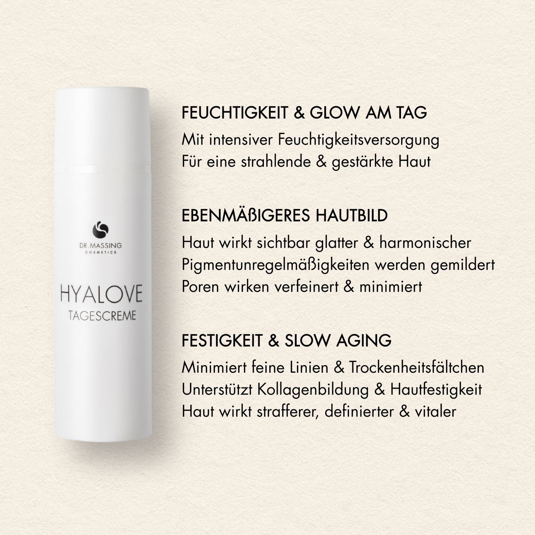 Übersicht der Vorteile der Dr. Massing Hyalove Tagescreme wie: "Feuchtigkeit und Glow am Tag", "Ebenmäßigeres Hautbild", "Festigkeit und Slow Aging"