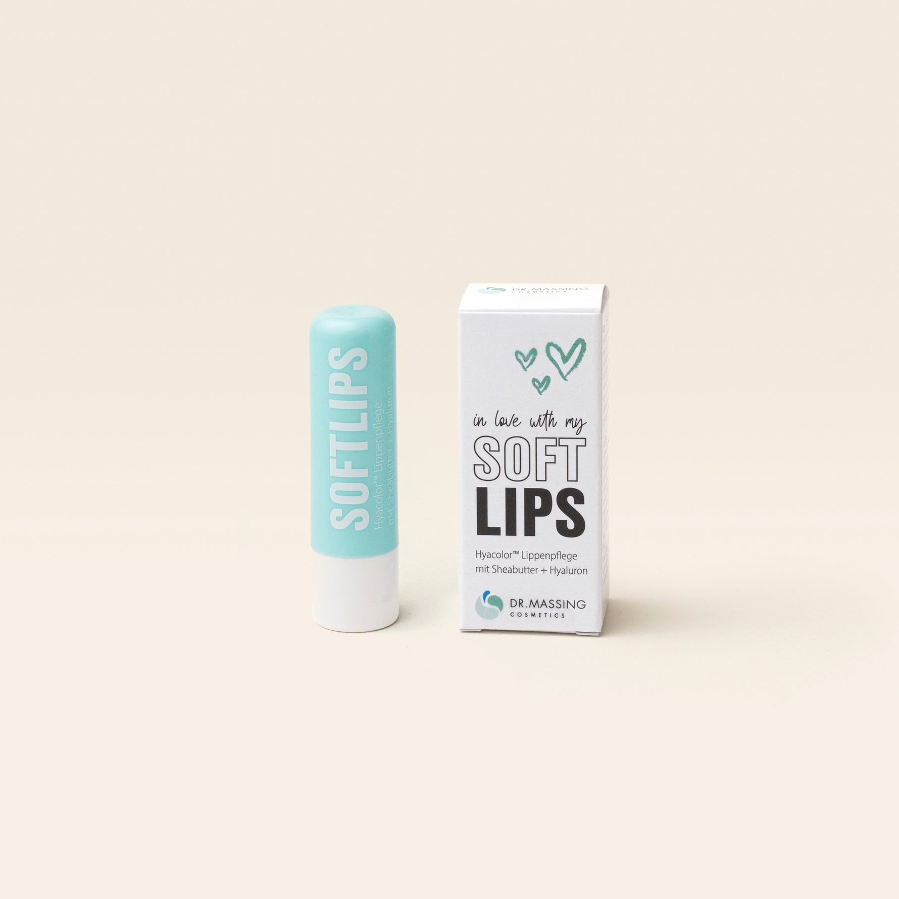 Freisteller Dr. Massing SoftLips Lippenpflege mit Hyaluron Lippenpflege mit Sheabutter Detailansicht petrolfarbige Verpackung