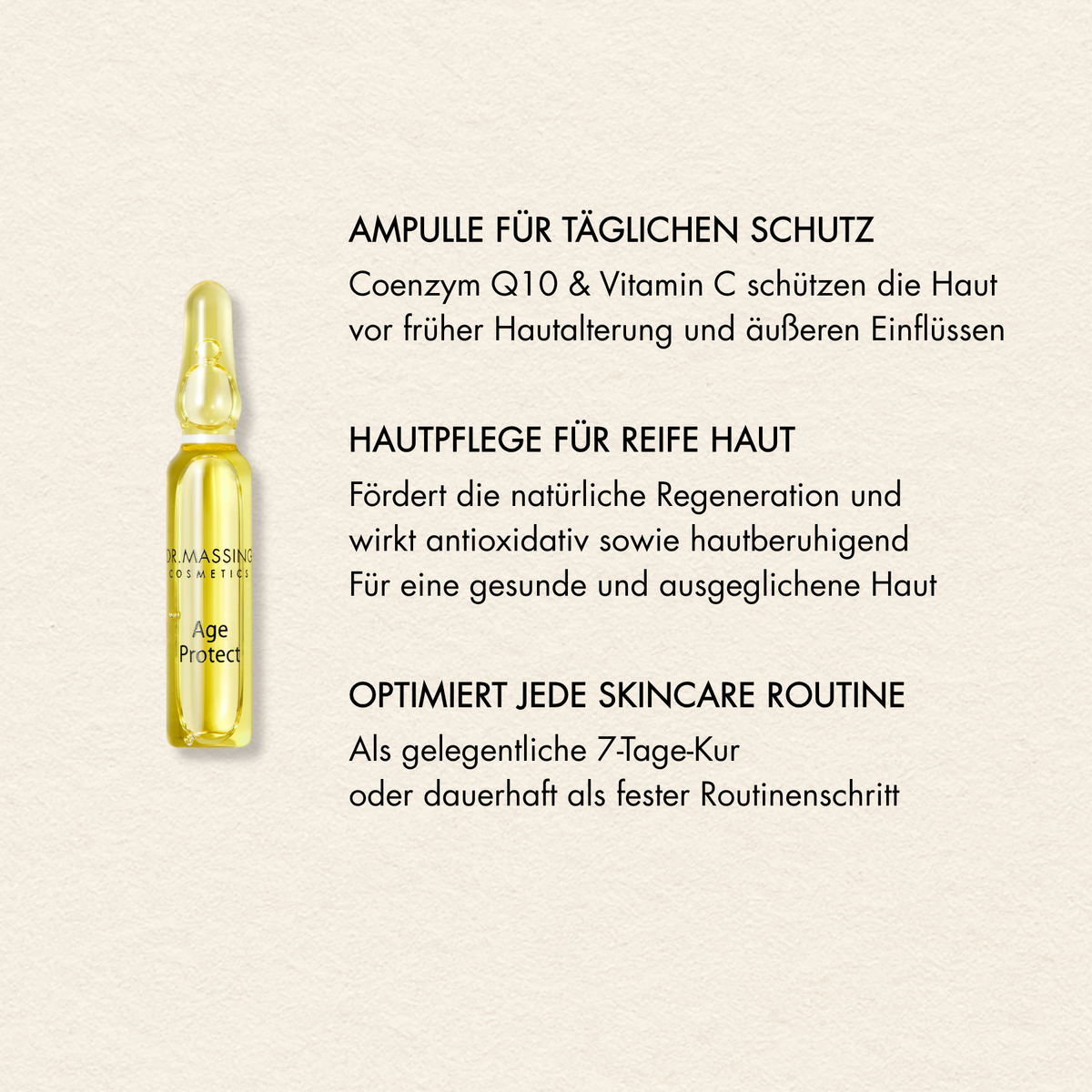 Vorteile Age Protect Ampullen Box wie "Ampullen für täglichen Schutz", "Hautpflege für reife Haut", "Optimiert jede Skincare Routine"