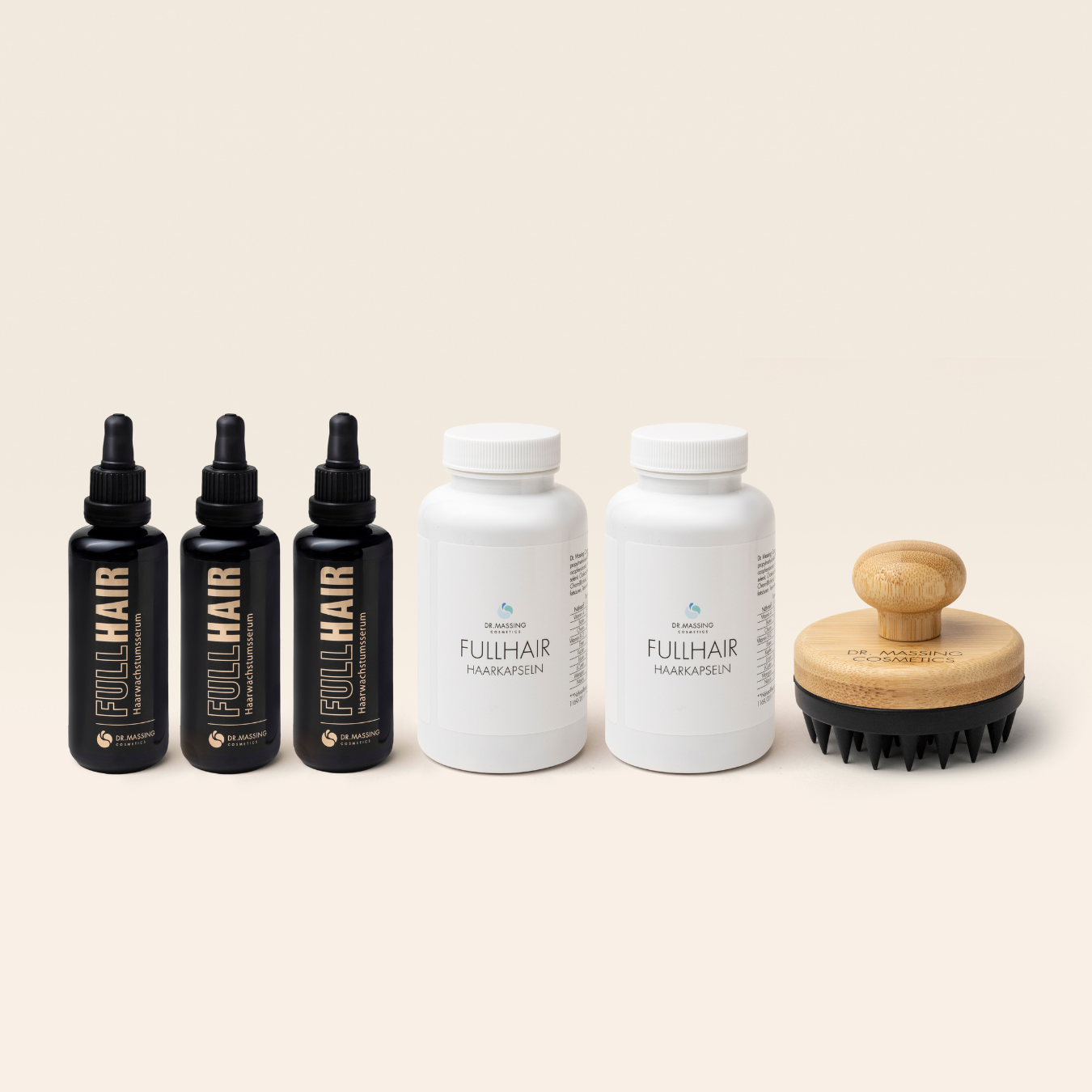 Dr. Massing Cosmetics FullHair Set für 180 Tage mit Haarwuchsmittel, Haarkapseln und Kopfhaut-Massager