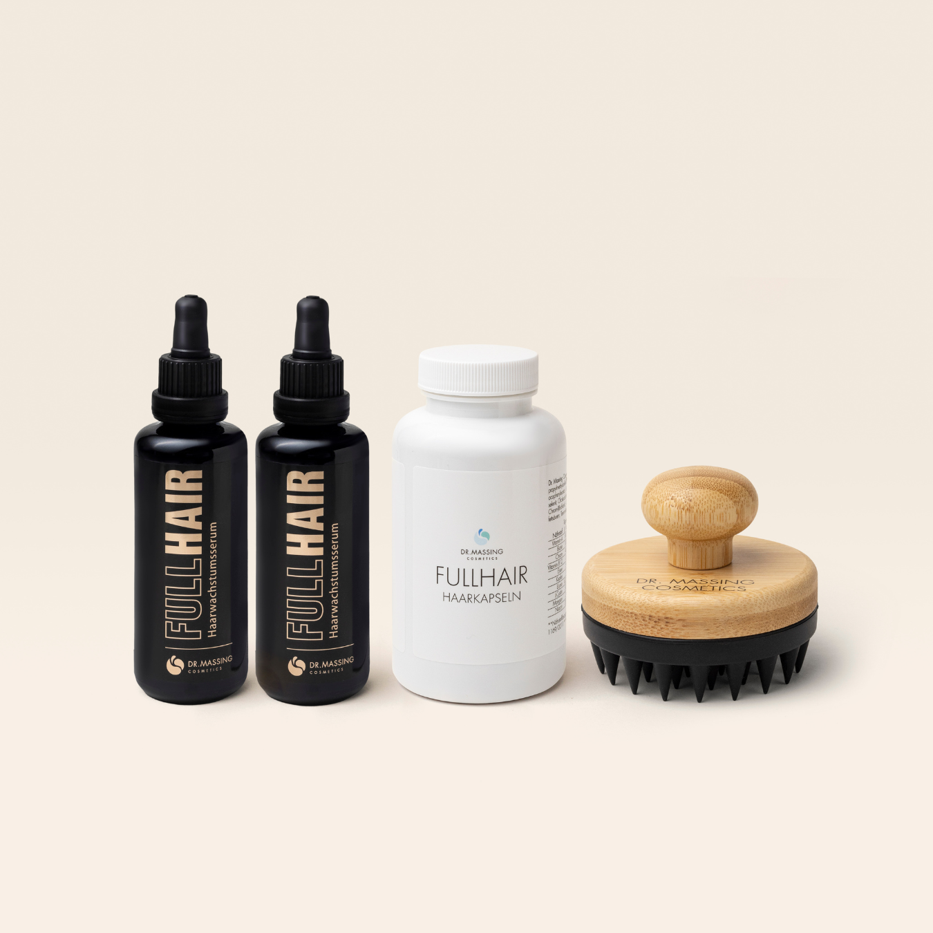 Dr. Massing Cosmetics FullHair Set für 90 Tage mit Haarwuchsmittel, Haarkapseln und Kopfhaut-Massager aus Bambus