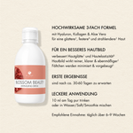 Übersicht der Vorteile des Dr. Massing Blossom Beauty Anti-Aging Drink, wie: "Hochwirksame 3-fach Formel", "Für ein besseres Hautbild", "erste Ergebnisse nach ca. 30 bis 60 Tagen" und "leckere Anwendung"