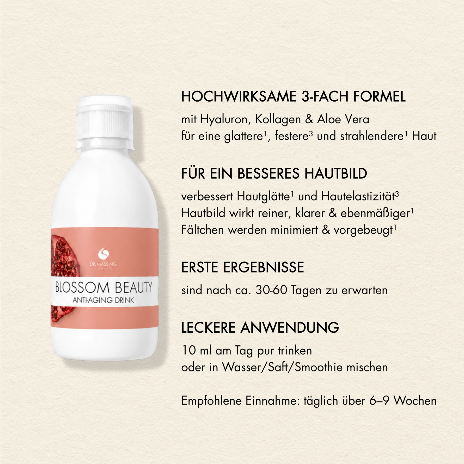 Übersicht der Vorteile des Dr. Massing Blossom Beauty Anti-Aging Drink, wie: "Hochwirksame 3-fach Formel", "Für ein besseres Hautbild", "erste Ergebnisse nach ca. 30 bis 60 Tagen" und "leckere Anwendung"