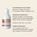 Übersicht der Vorteile des Dr. Massing Blossom Beauty Anti-Aging Drink, wie: "Hochwirksame 3-fach Formel", "Für ein besseres Hautbild", "erste Ergebnisse nach ca. 30 bis 60 Tagen" und "leckere Anwendung"