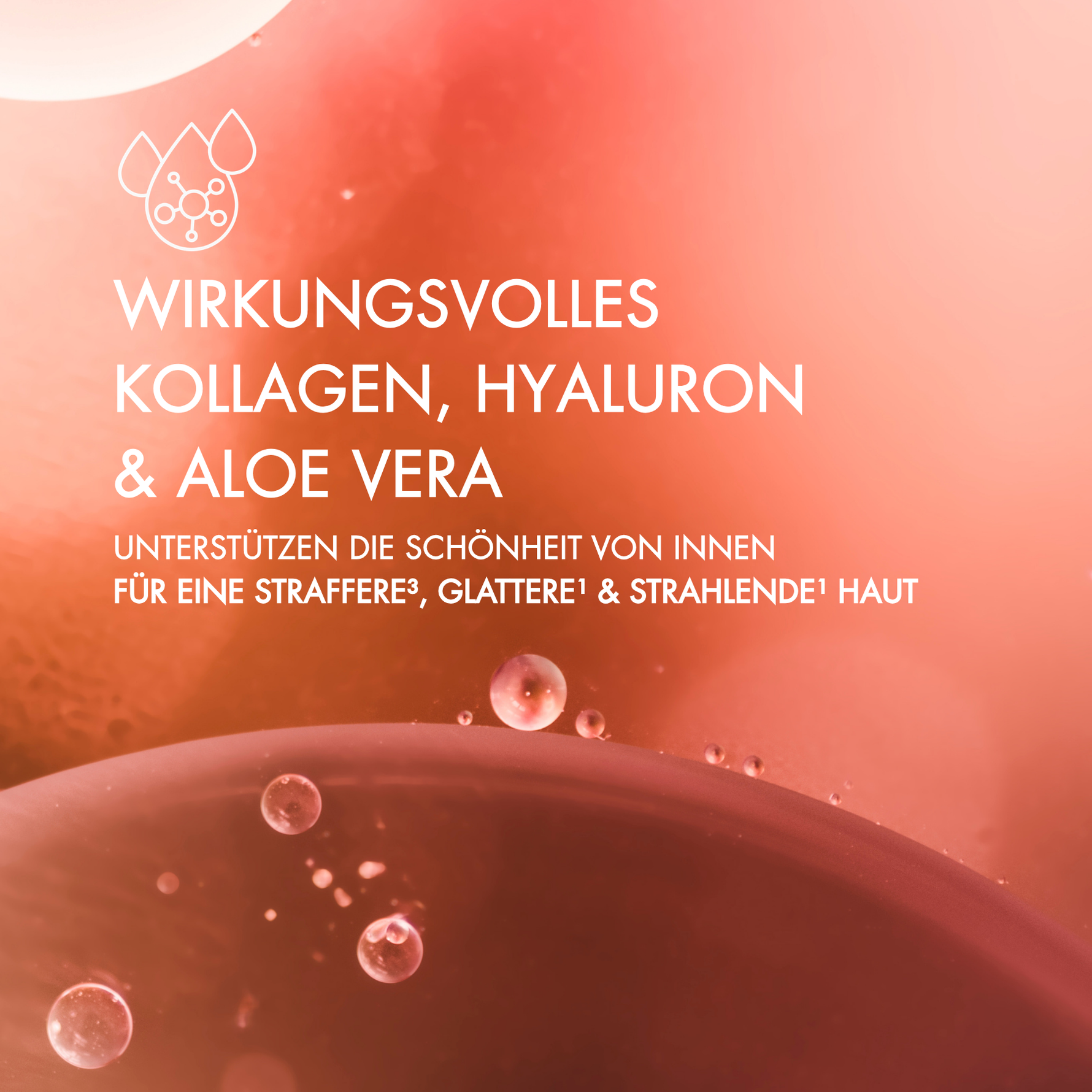 Wirkungsvolles Kollagen, Hyaluron & Aloe vera unterstützen die Schönheit von innen für eine straffere, glattere & strahlende Haut.