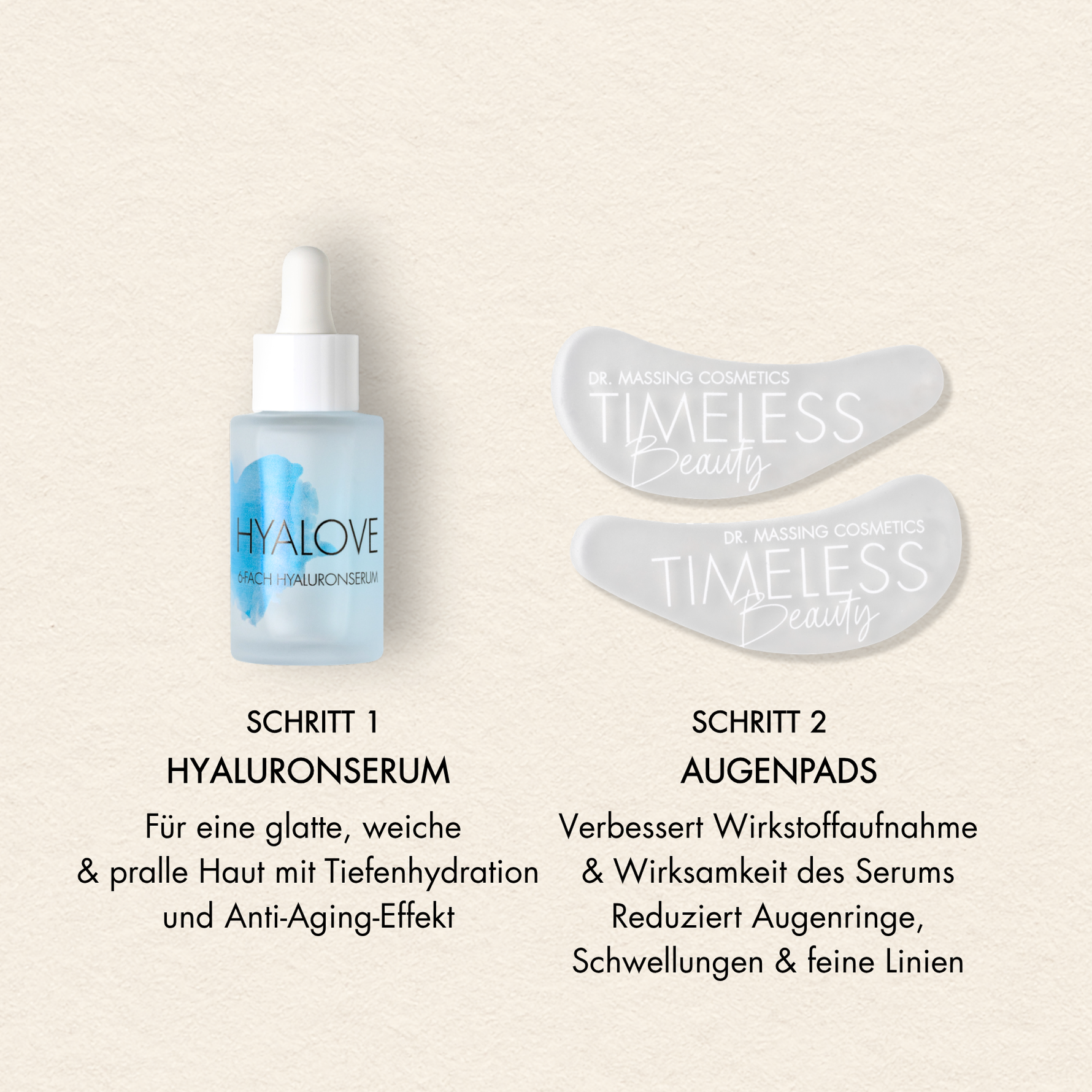Schritte des Hyalove Serums und der Augenpads im Set mit Vorteilen, wie "Für eine glatte, weiche & pralle Haut mit Tiefenhydration", "Verbessert Wirkstoffaufnahme & Wirksamkeit des Serums"