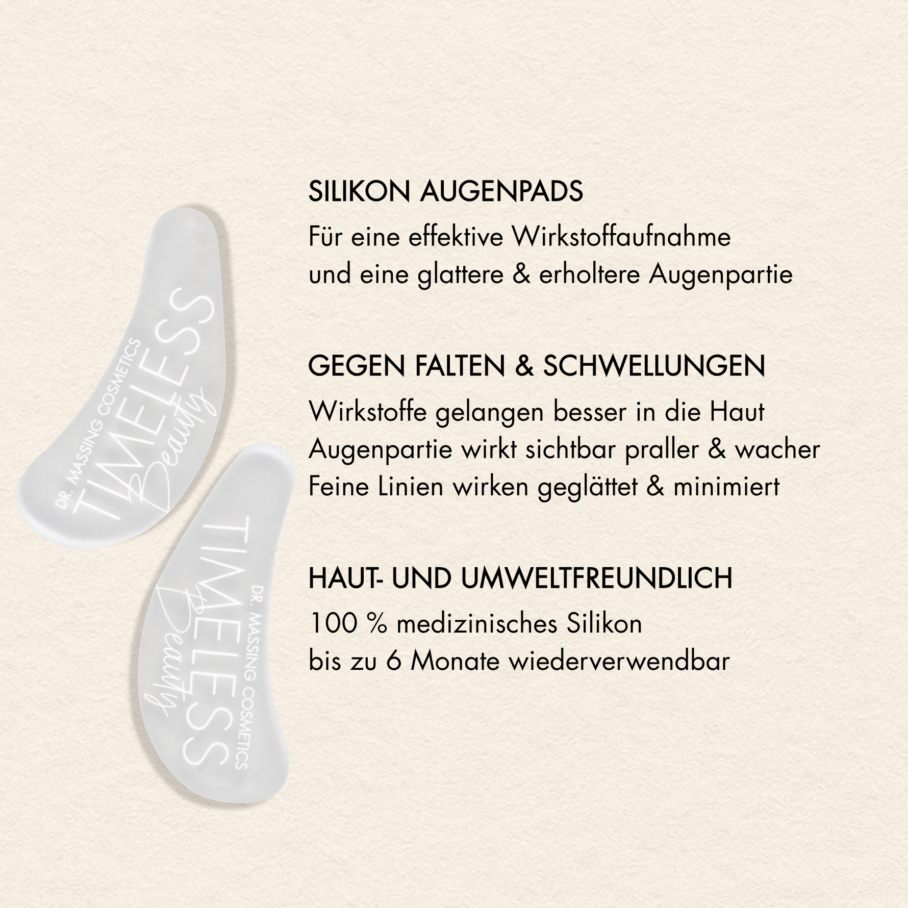 Übersicht der Vorteile der Dr. Massing Augenpads, wie: "Silikon Augenpads", "Gegen Falten & Schwellungen", "Für eine effektive Wirkstoffaufnahme und glattere & erholtere Augenpartie"