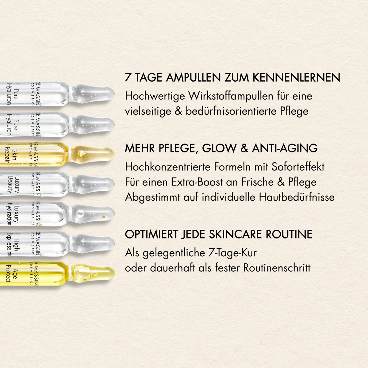 Vorteile Best Selection Ampullen Box wie "7 Tage Ampullen zum Kennenlernen", "Mehr Pflege, Glow & Anti-Aging", "Optimiert jede Skincare Routine"