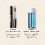 Übersicht der Vorteile und Schritt Anwendung der Volume Mascara und Dr. Massing Eye Cleansers, wie: "Für dichtere, voluminöse und nachhaltig gepflegte Wimpern", "entfernt sanft und gründlich selbst wasserfestes Augen-Make-up"