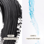 Anwendung mit Schritt 1 Volume Mascara schwarze Textur und Eye Cleanser Wassertextur