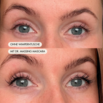 Vorher-/Nachher Vergleichsbild zeigt vollere und schwarz getuschte Wimpern nach der Anwendung der Hyaluron Mascara
