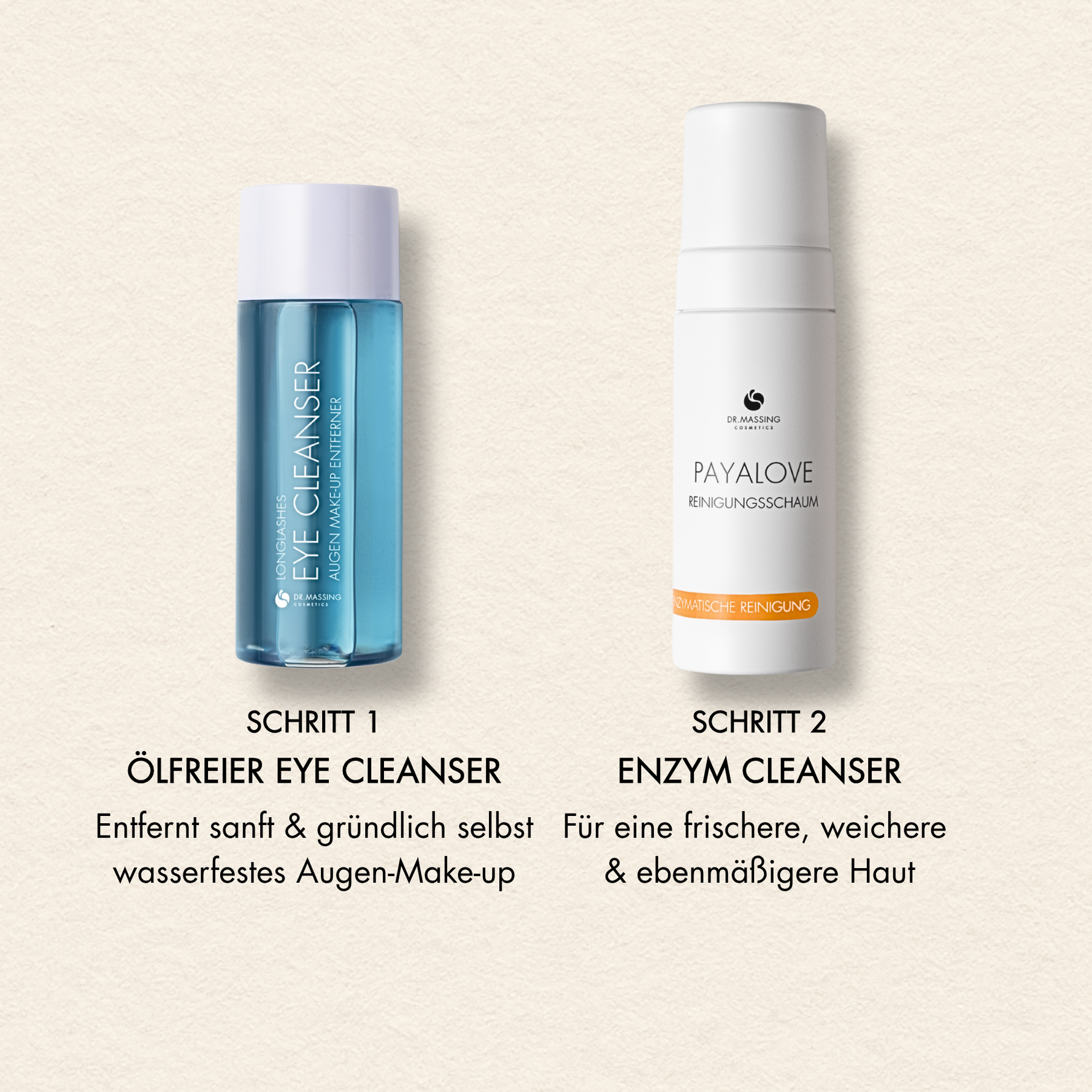 Schritte und Vorteile des Double Cleansing Sets mit Payalove Cleanser und Eye Cleanser LongLashes, wie "Entfernt sanft & gründlich selbst wasserfestes Make-up", "Für eine frischere, weichere & ebenmäßigere Haut"