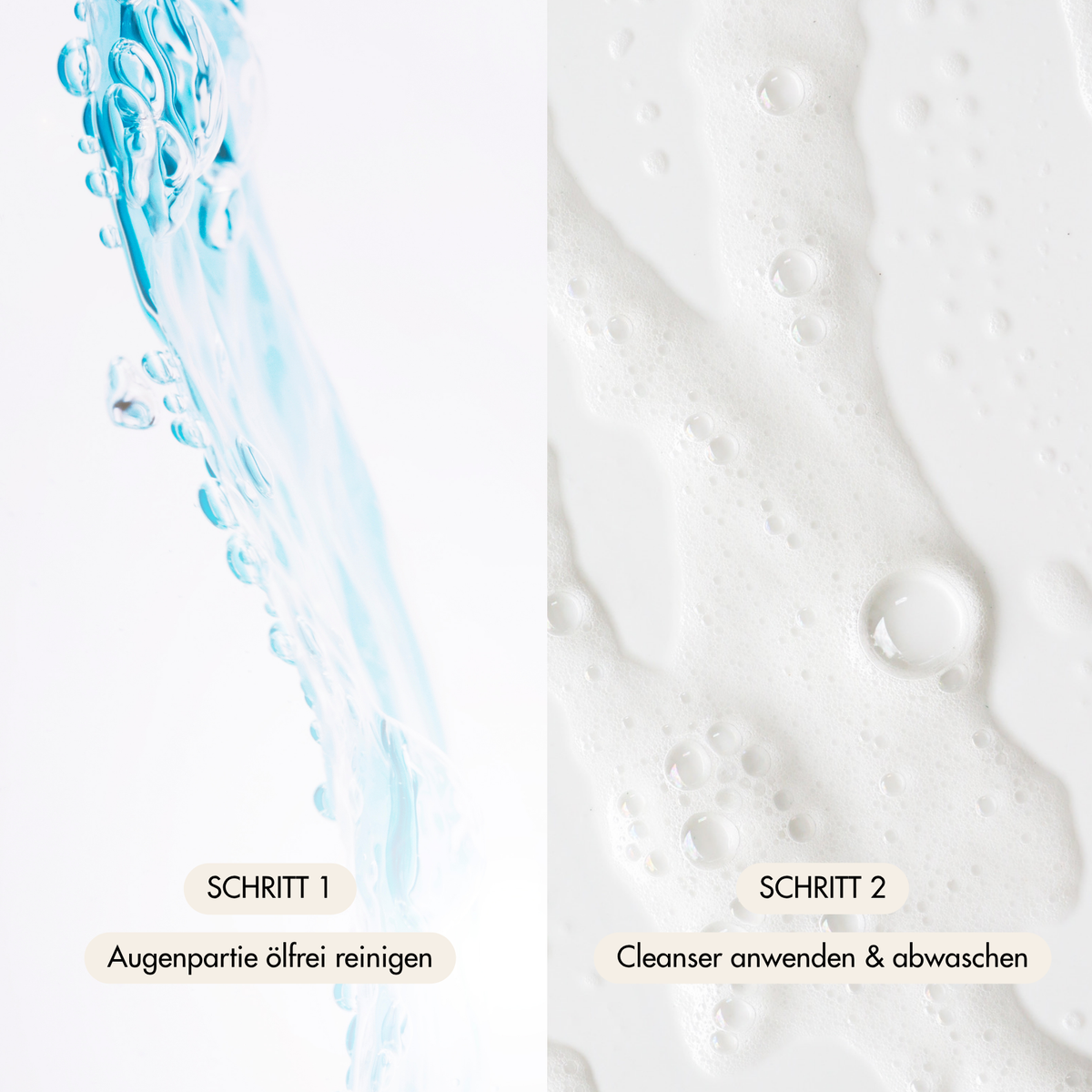 Schritt Abbildung des Double Cleansing Sets mit blauer Wassertextur für den Eye Cleanser und Schaumtextur für den Payalove Cleanser