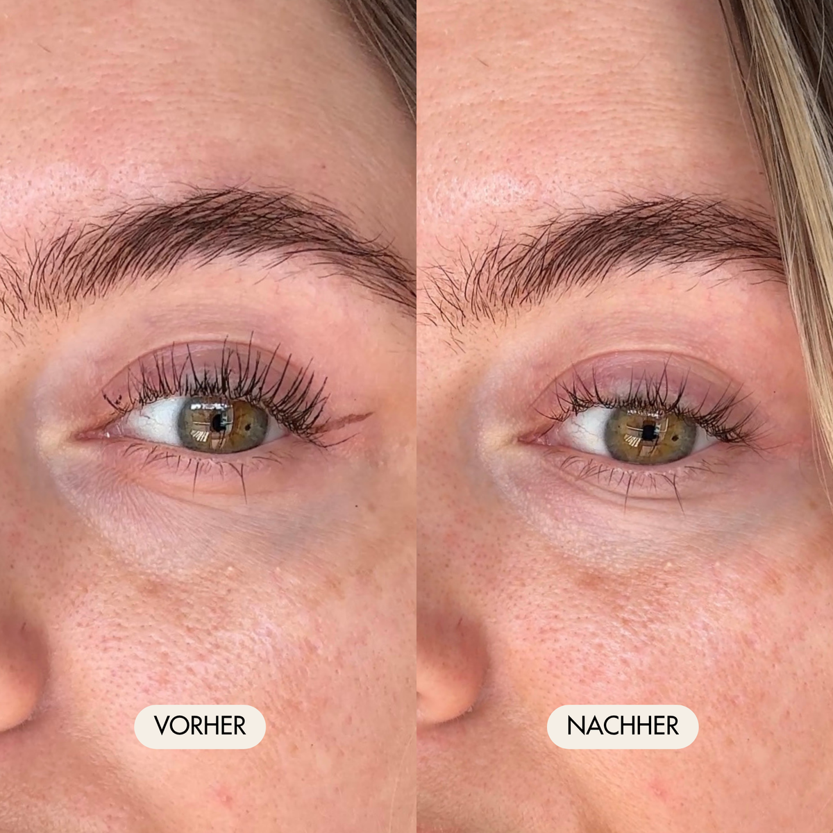 Vorher-/Nachher Vergleichsbild zeigt strahlende, frische und ölfreie Augenpartie nach der Anwendung mit dem LongLashes Eye Cleanser