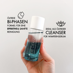 Produktabbildung des Eye Cleansers von Dr. Massing mit Highlights, wie: "Ölfreie Bi-Phasen Formel für eine effektive und sanfte Reinigung selbst von wasserfesten Make-up" und "Ideal als Cleanser bei der Verwendung eines Wimpernserums"