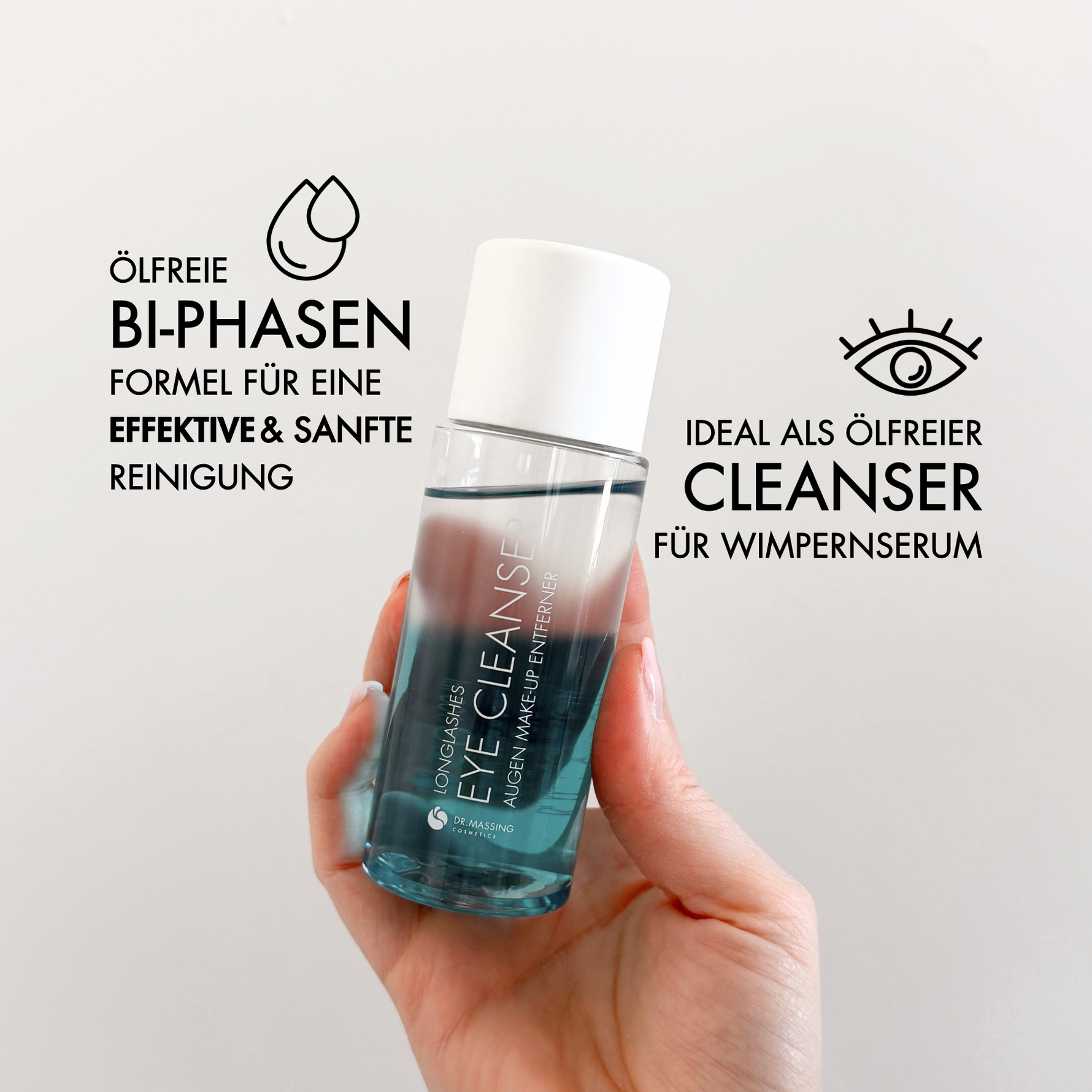Produktabbildung des Eye Cleansers von Dr. Massing mit Highlights, wie: "Ölfreie Bi-Phasen Formel für eine effektive und sanfte Reinigung selbst von wasserfesten Make-up" und "Ideal als Cleanser bei der Verwendung eines Wimpernserums"