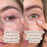 Vorher-/Nachher Vergleichsbild zeigt Untertschied nach dem Abschminken mit dem Long Lashes Eye Cleansers und anderen Make-up Entfernern