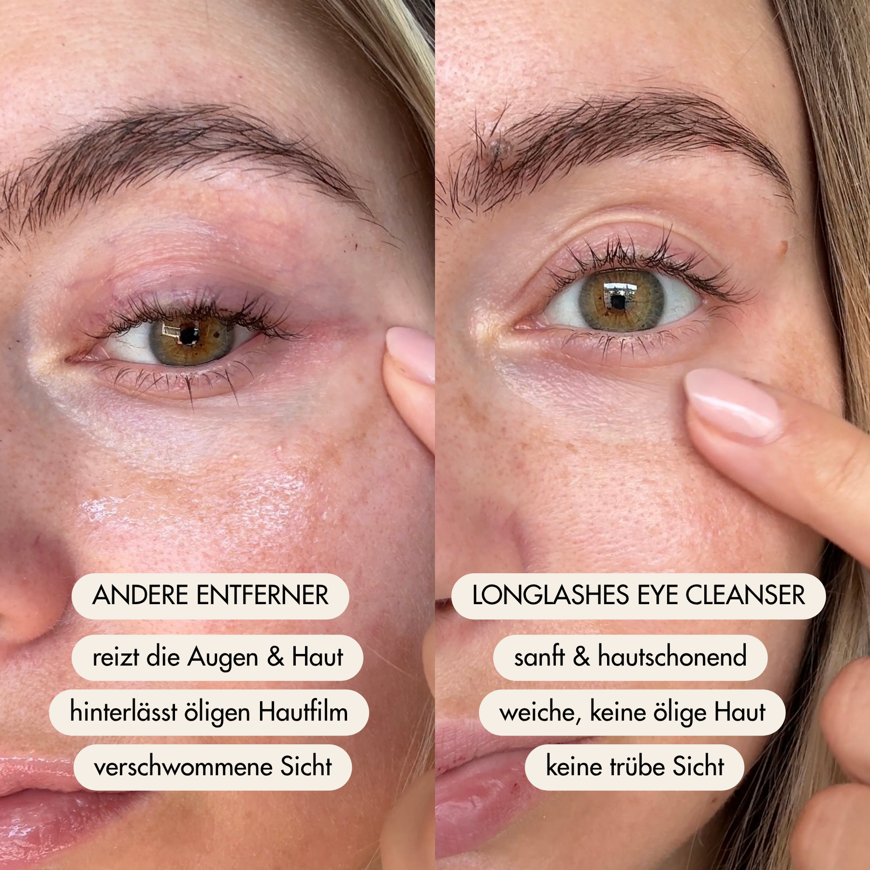 Vorher-/Nachher Vergleichsbild zeigt Untertschied nach dem Abschminken mit dem Long Lashes Eye Cleansers und anderen Make-up Entfernern