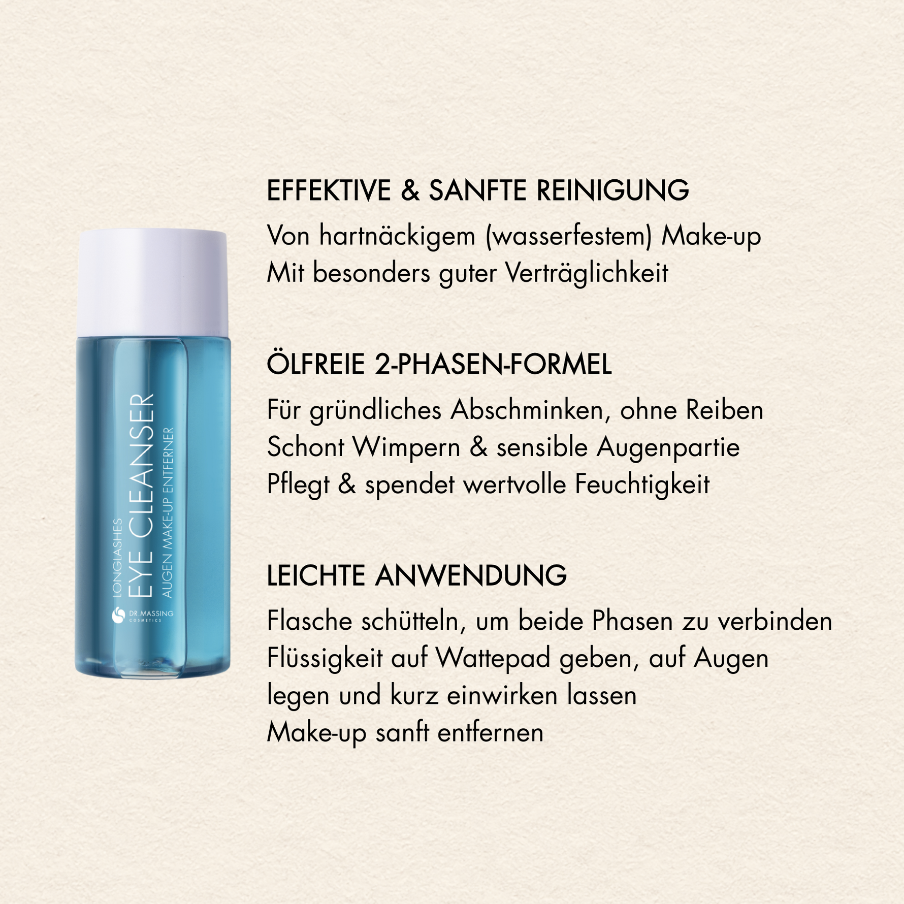Übersicht der Vorteile des Dr. Massing Eye Cleansers, wie: "Effektive und sanfte Reinigung", "Ölfreie 2-Phasen-Formel", "ohne öliges Hautgefühl" und "leichte Anwendung"