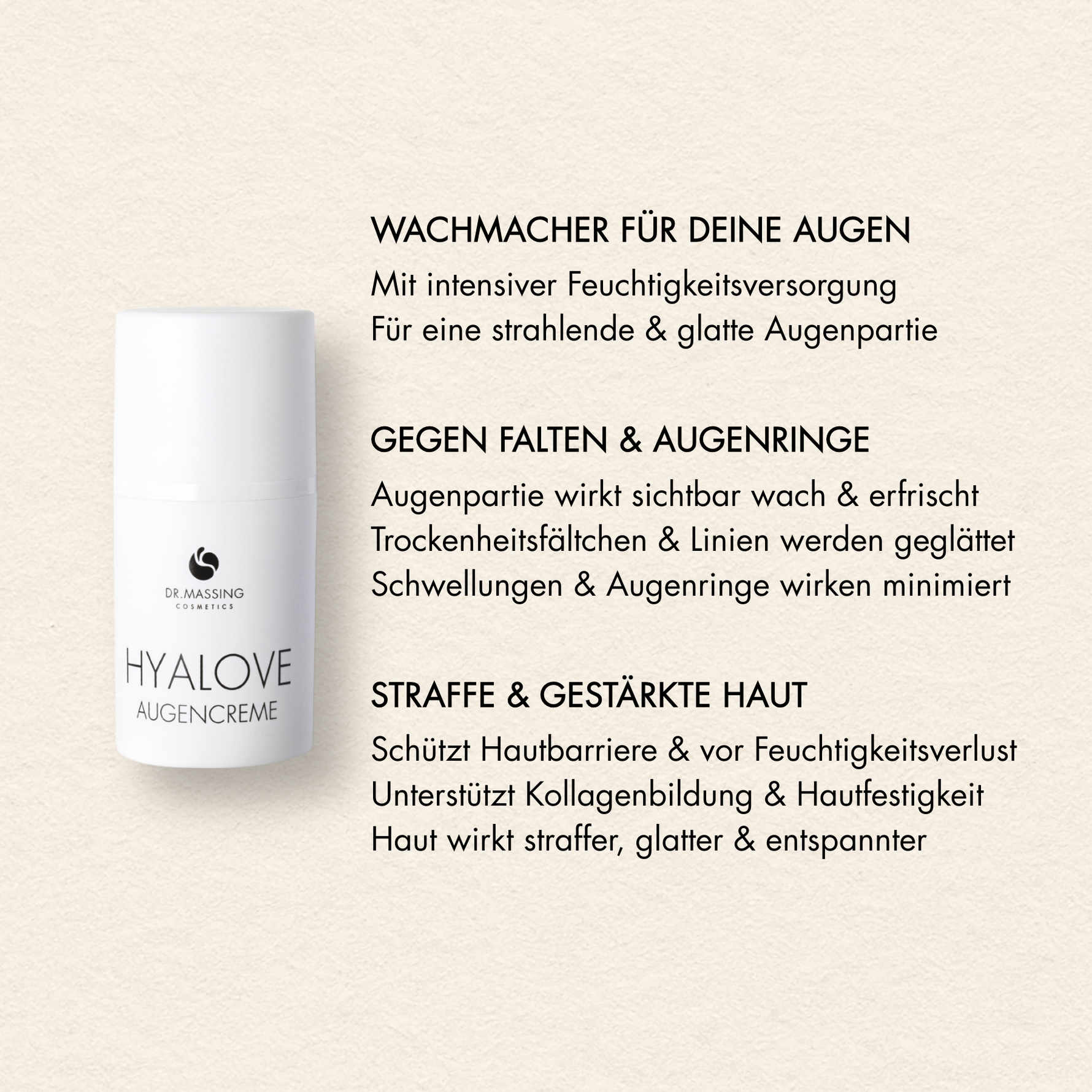 Vorteile der Augencreme von Dr. Massing, wie "Für eine strahlende & glatte Augenpartie", "Gegen Falten & Augenringe", "Straffe & gestärkte Haut"