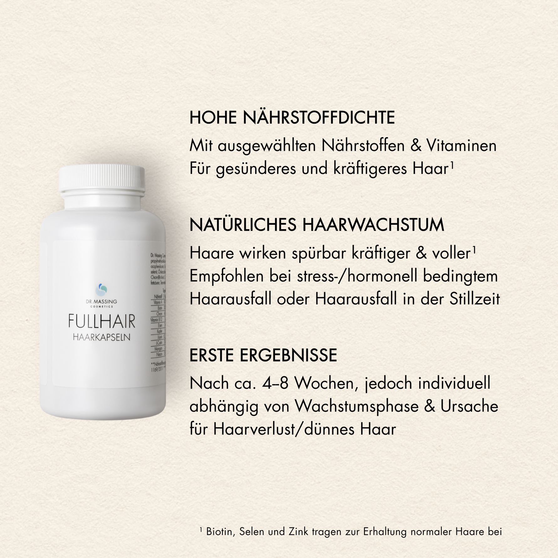 Übersicht der Vorteile der Dr. Massing Haarkapseln, wie: "Natürliche Nährstoffdichte, natürliches Haarwachstum, erste Ergebnisse nach 4-8 Wochen und leichte Einnahme durch eine Kapsel am Tag. Biotin, Selen und Zink tragen zur Erhaltung normaler Haare bei"