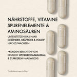 Produktabbildung der Haarkapseln von Dr. Massing mit Highlights, wie: "Nährstoffe, Vitamine, Spurenelemente und Aminosäuren unterstützen das Haar gesünder, kräftiger und voller nachzuwachsen"
