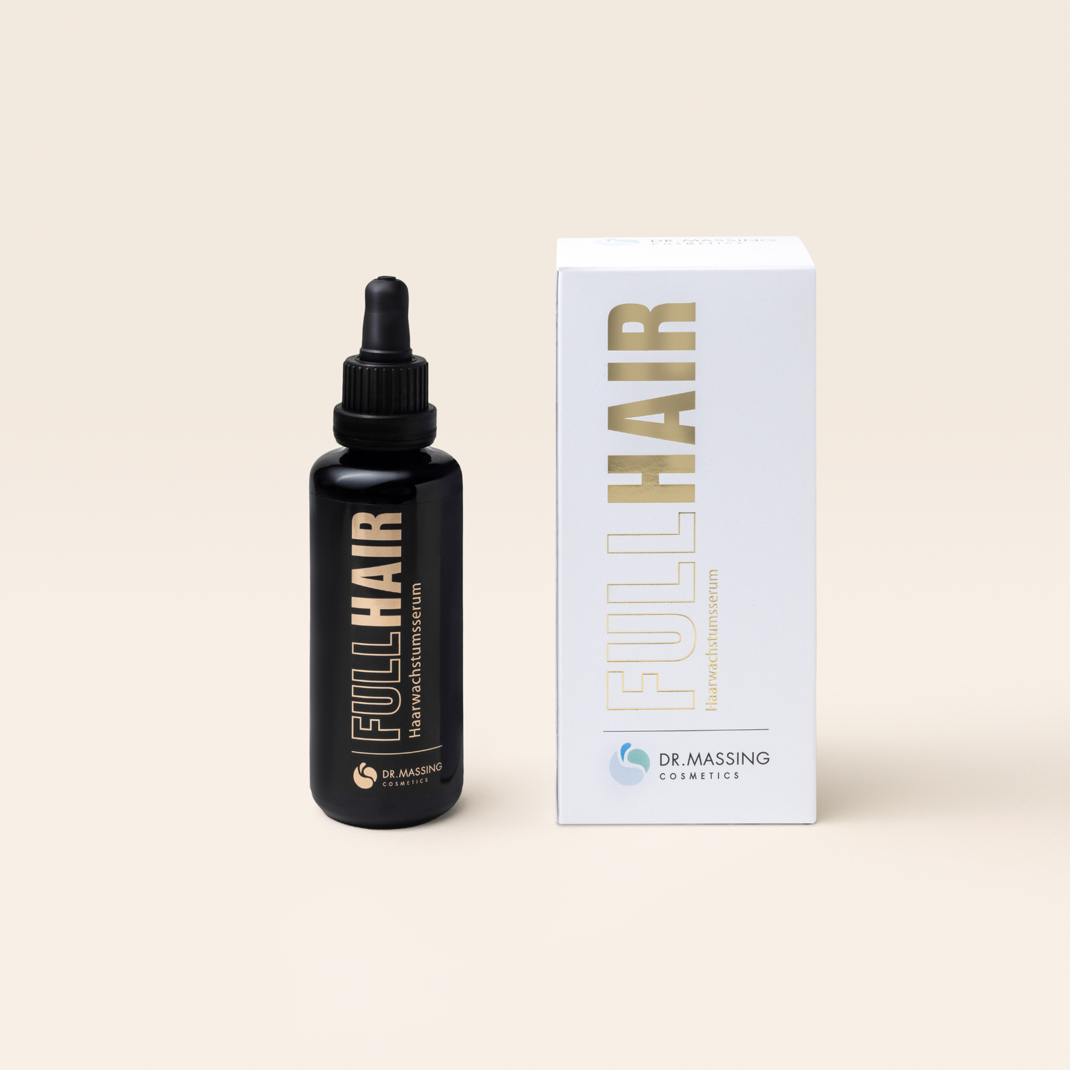 Dr. Massing Cosmetics Produktbild FullHair Haarwuchsmittel und Produktverpackung 

