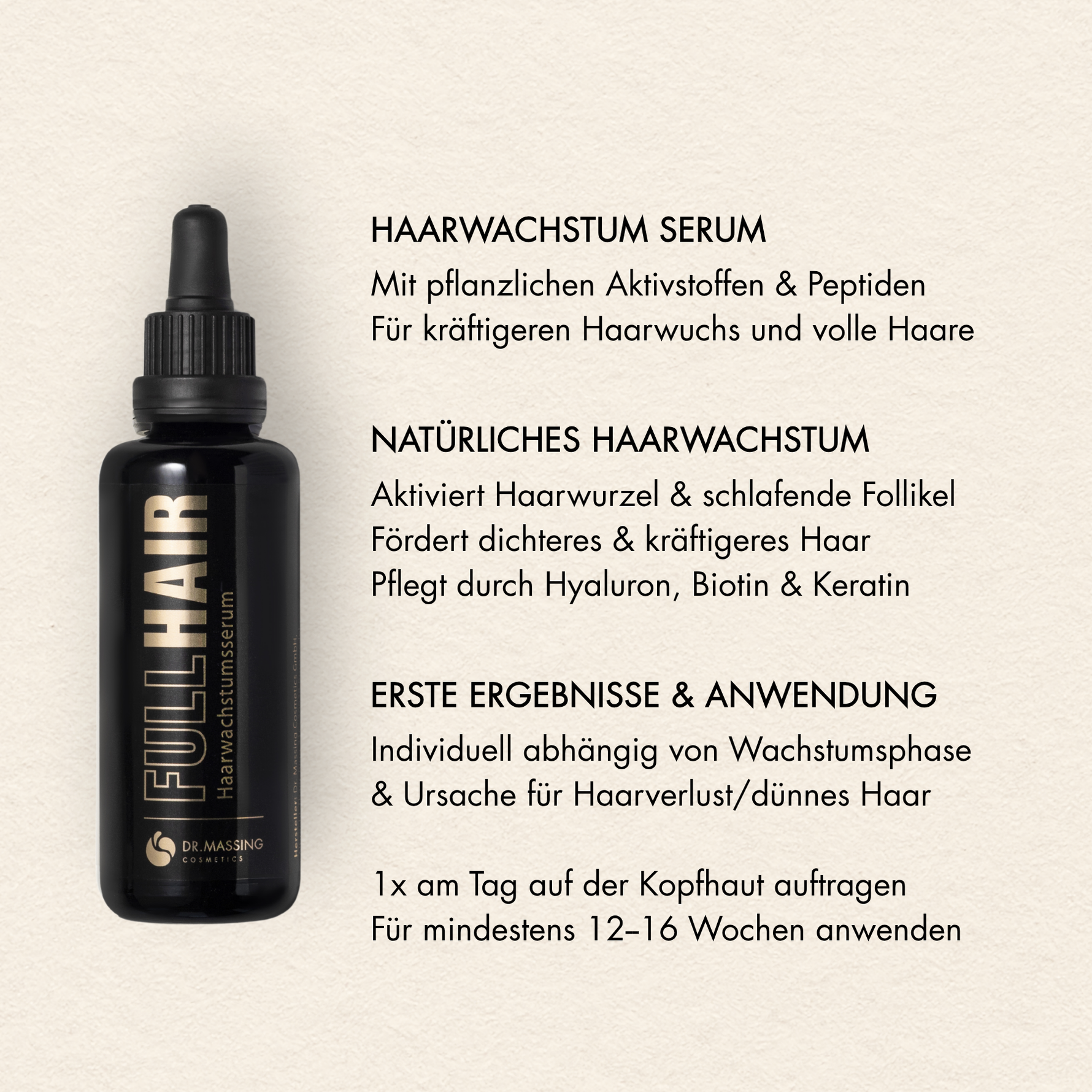 Übersicht der Vorteile des Dr. Massing FullHair Haarserums, wie: "Natürliches Haarwachstum", "Aktiviert Haarwurzel & schlafende Haarfollikel", "Fördert dichteres & kräfttigeres Haar" und "leichte Anwendung"
