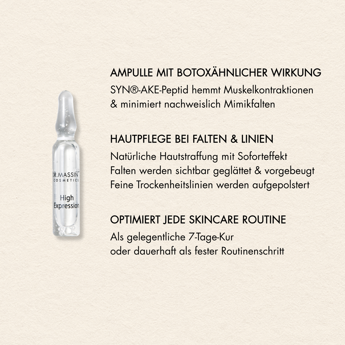 Vorteile High Expression Ampullen Box wie "Ampullen mit botoxähnlicher Wirkung", "Hautpflege bei Falten & Linien", "Optimiert jede Skincare Routine"