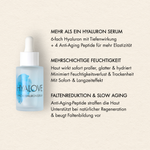Übersicht der Vorteile des Dr. Massing Hyalove Serums, wie: "6-fach Hyaluron mit Tiefenwirkung", "Mehrschichtige Feuchtigkeit", "Faltenreduktion "Slow Aging"