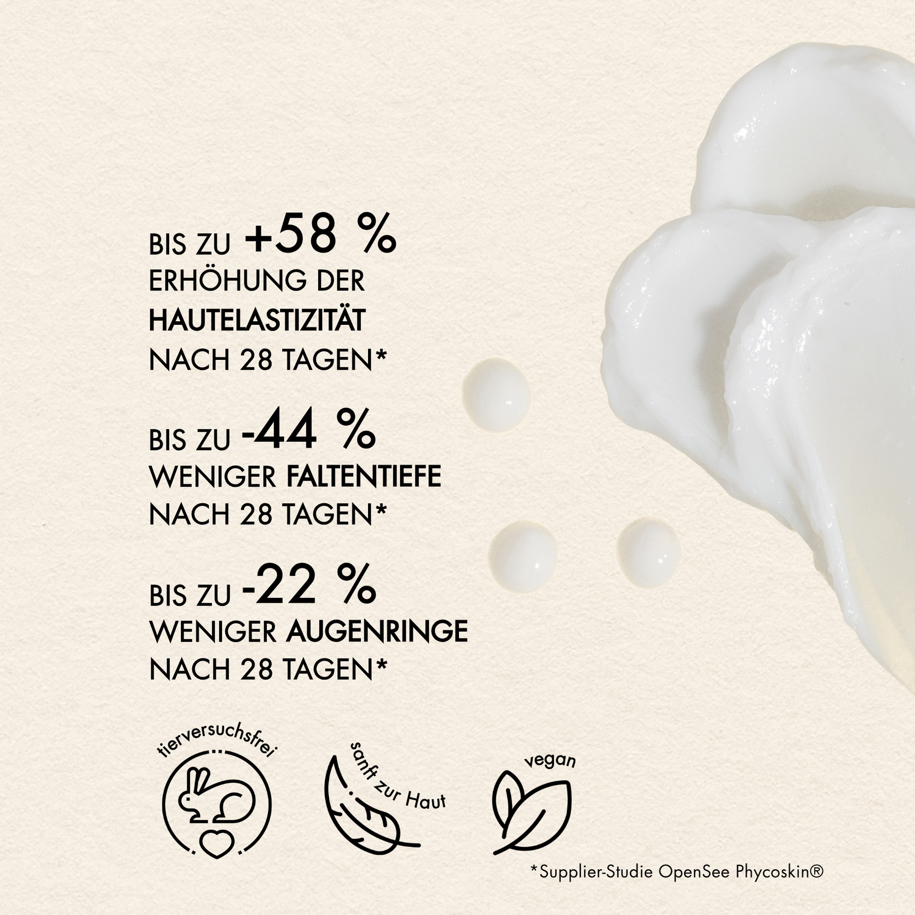 Vorteile der Inhaltsstoffe und Studien Ergebnisse, wie "Bis zu +58% erhöhung der Hautelastizität", "Bis zu -44% weniger Faltentiefe", "Bis zu -22% weniger Augenringe"