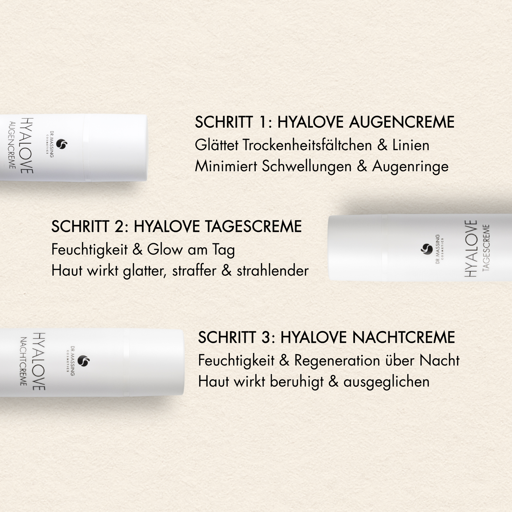 Schritte und Vorteile des Hyalove Glass Skin Cream Sets mit Tagescreme, Nachtcreme und Augencreme