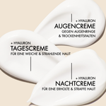 Textur Nahaufnahme des Hyalove Glass Skin Cream Sets mit Vorteilen, wie "Hyaluron Augencreme gegen Augenringe & Trockenheitsfalten", "Hyaluron Tagescreme für eine weiche & strahlende Haut", "Hyaluron Nachtcreme für eine erholte & straffe Haut"