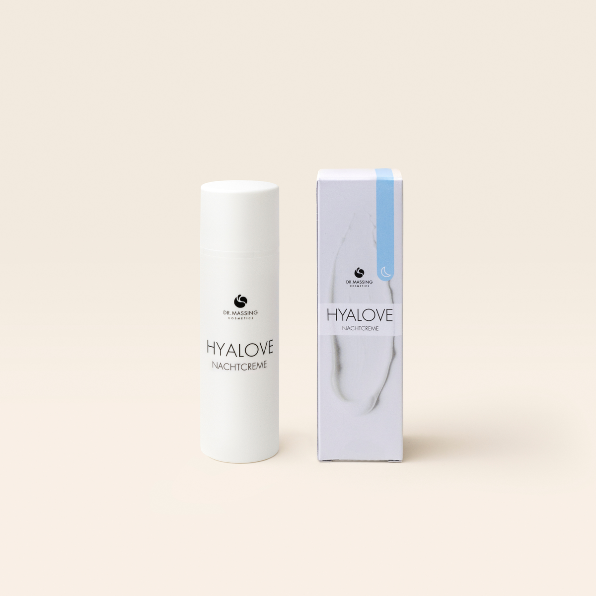 Dr. Massing Cosmetics Produktbild Hyalove Nachtcreme mit Produktverpackung vor beigen Hintergrund