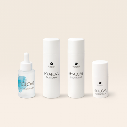 Produktbild des Hyalove Glass Skin Routine mit Hyaluronserum, Tagescreme, Nachtcreme und Augencreme