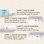 Schritte und Vorteile des Hyalove Glass Skin Routine Sets mit Hyaluronserum, Tagescreme, Nachtcreme und Augencreme