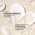 Textur Nahaufnahme des Hyalove Glass Skin Routine mit Vorteilen, wie "6-fach Hyaluronserum für hydrierte Haut & Anti-Aging", "Cremes auf Basis von Hyaluron für weiche, feste & hydrierte Haut"