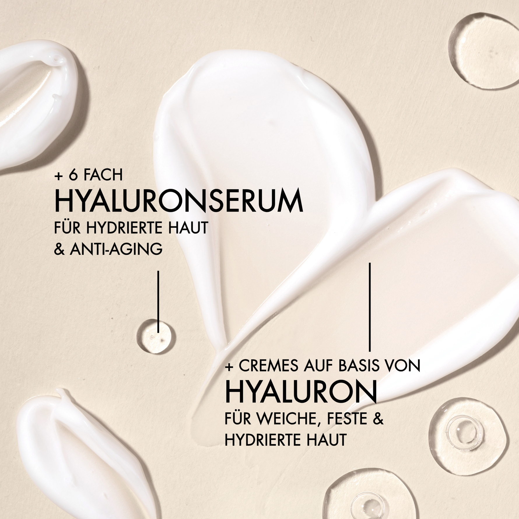 Textur Nahaufnahme des Hyalove Glass Skin Routine mit Vorteilen, wie "6-fach Hyaluronserum für hydrierte Haut & Anti-Aging", "Cremes auf Basis von Hyaluron für weiche, feste & hydrierte Haut"