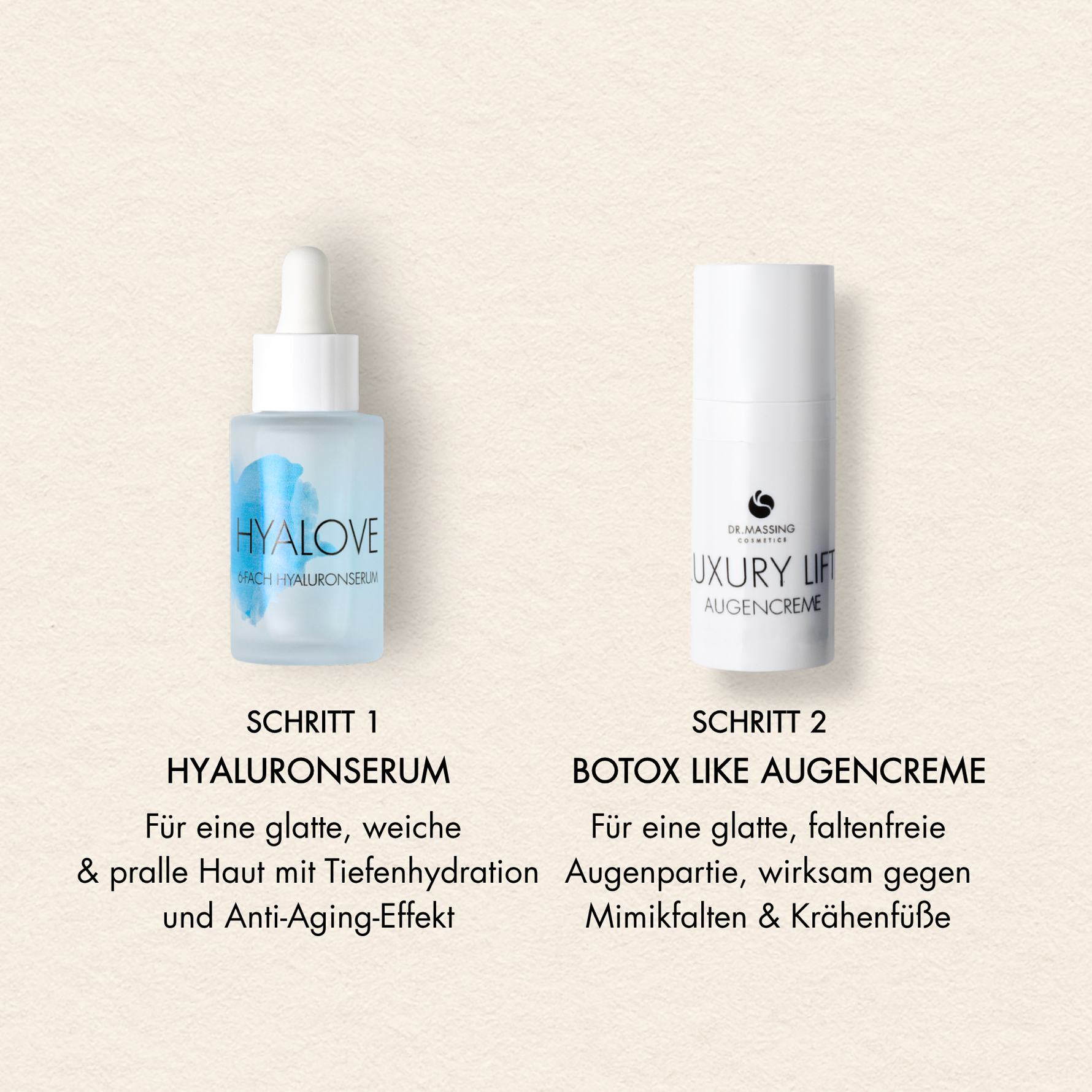 Schritte und Vorteile des Lifting Eye Set mit Hyaluronserum und Augencreme mit Peptiden