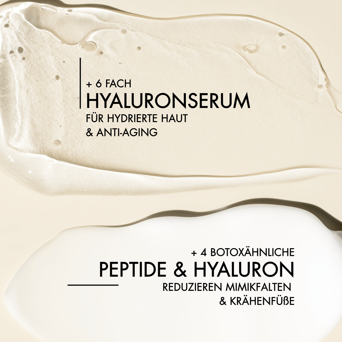 Textur Nahaufnahme des Eye Lifting Sets mit Vorteilen, wie "6-fach Hyaluron für hydrierte Haut & Anti-Aging", "4 Botoxähnliche Peptide & Hyaluron reduzieren Mimikfalten & Krähenfüße