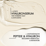 Textur Nahaufnahme des Eye Lifting Sets mit Vorteilen, wie "6-fach Hyaluron für hydrierte Haut & Anti-Aging", "4 Botoxähnliche Peptide & Hyaluron reduzieren Mimikfalten & Krähenfüße