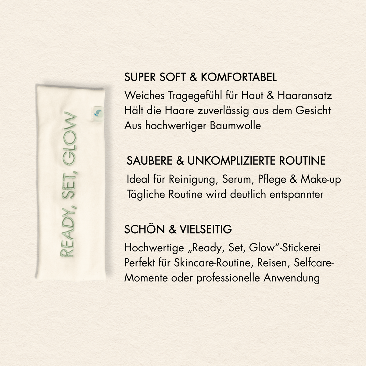Vorteile Dr. Massing Beauty Stirnband wie "Super soft & komfortabel", "Saubere & unkomplizierte Routine", "schön & vielseitig"